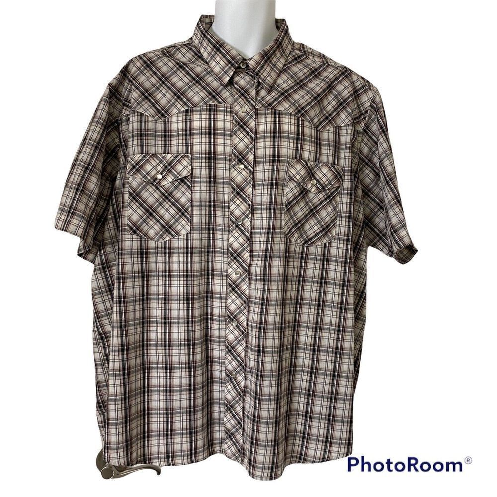 Wrangler Men's Western Shirt 3XL Pearl Snap Plaid Brown Black Short Sleeve